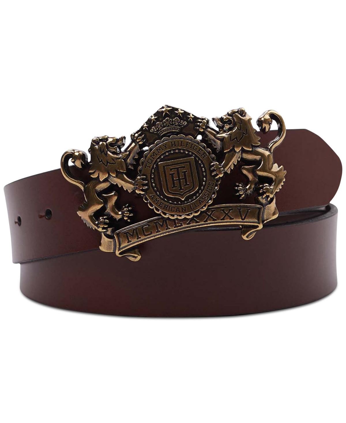 Tommy Hilfiger Men's Lion Crest Plaque Buckle Belt Brown Large 38 40