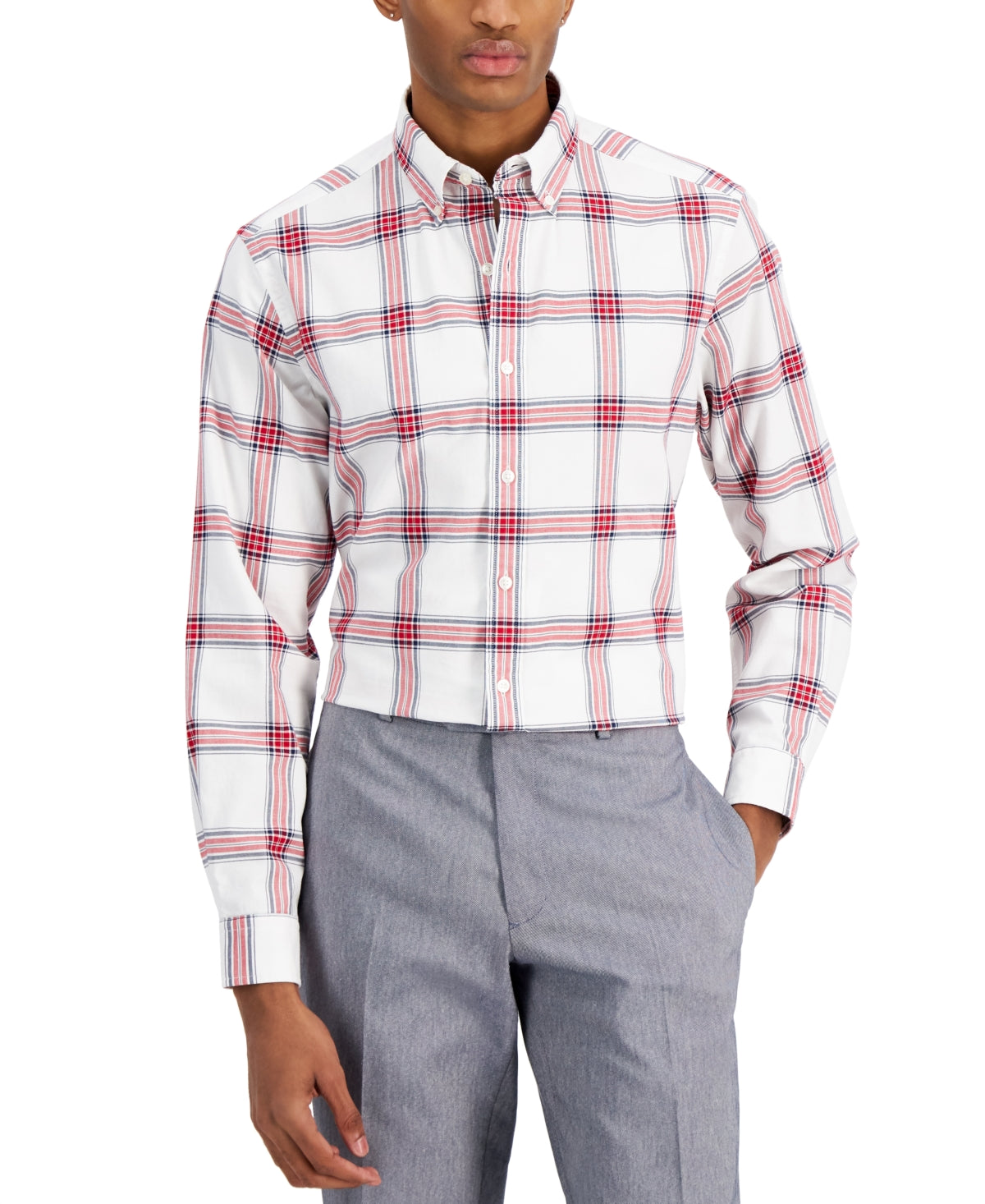 Club Room Men's Slim Fit Plaid Dress Shirt White Red 2XL