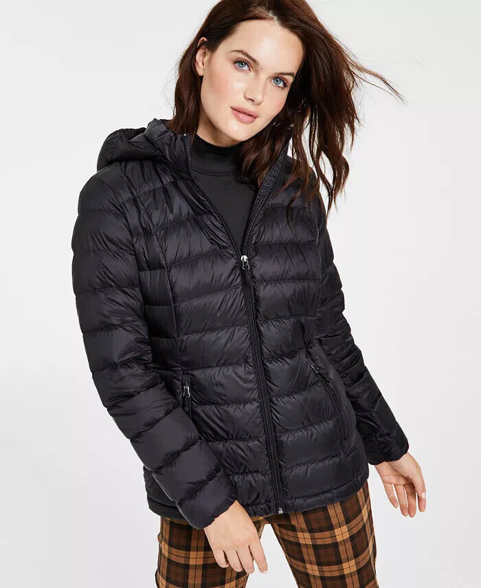 CHARTER CLUB Women's Plus Size Packable Hooded Down Puffer 0X Black