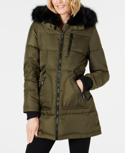 Vince Camuto Womens Faux-Fur-Trim Down Puffer Coat Small Olive Green