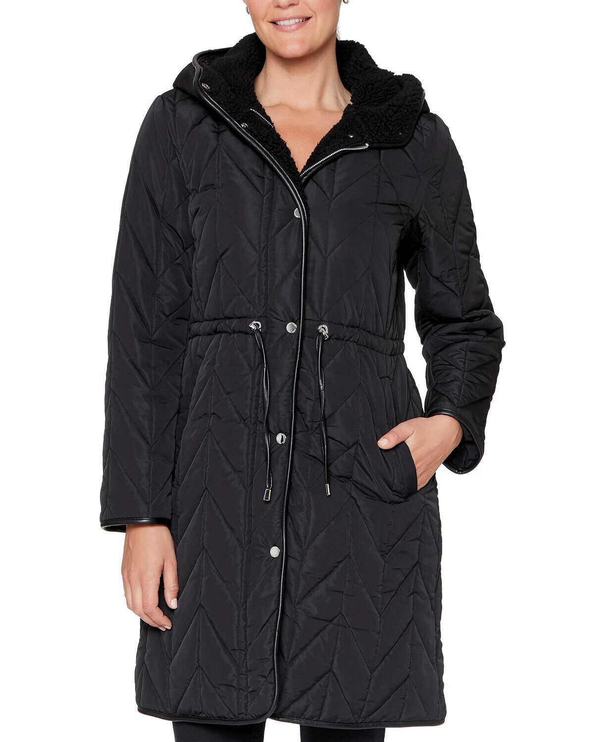 Vince Camuto Womens Hooded Quilted Coat Medium Solid Black