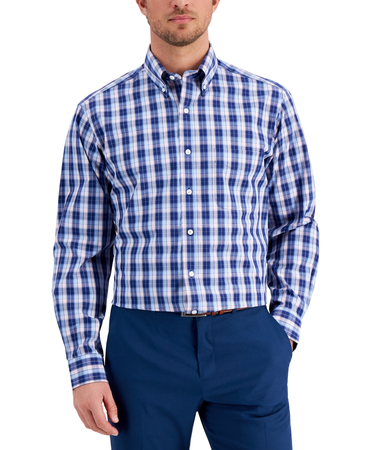 Club Room Mens Plaid Button Down Dress Shirt Navy Pink 16.5 / 32-33