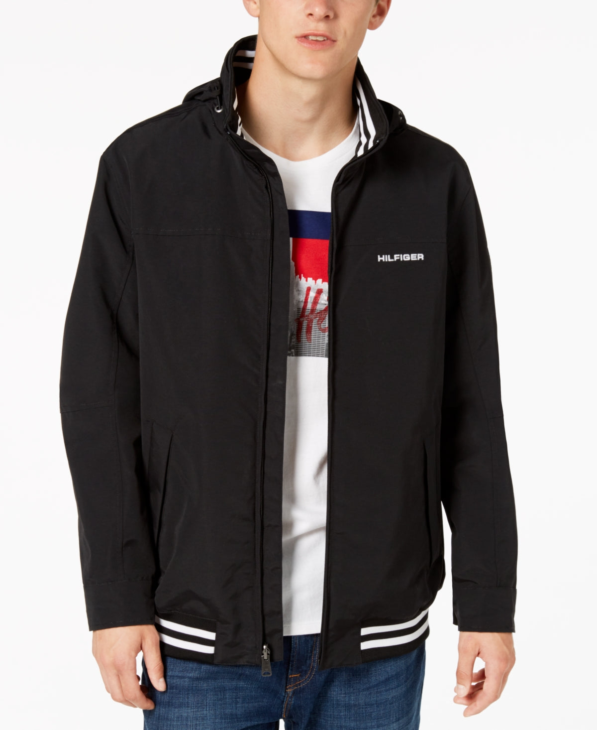 Tommy Hilfiger Men's Big and Tall Lightweight Regatta Jacket Black White 5XLT