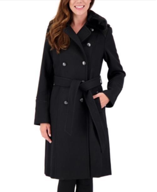 VINCE CAMUTO Faux-Fur-Collar Double-Breasted Belted Coat Black Medium