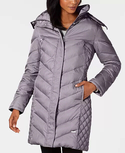 KENNETH COLE Faux-Fur Down Hooded Puffer Coat PXXS Petite XXS Grey Womens