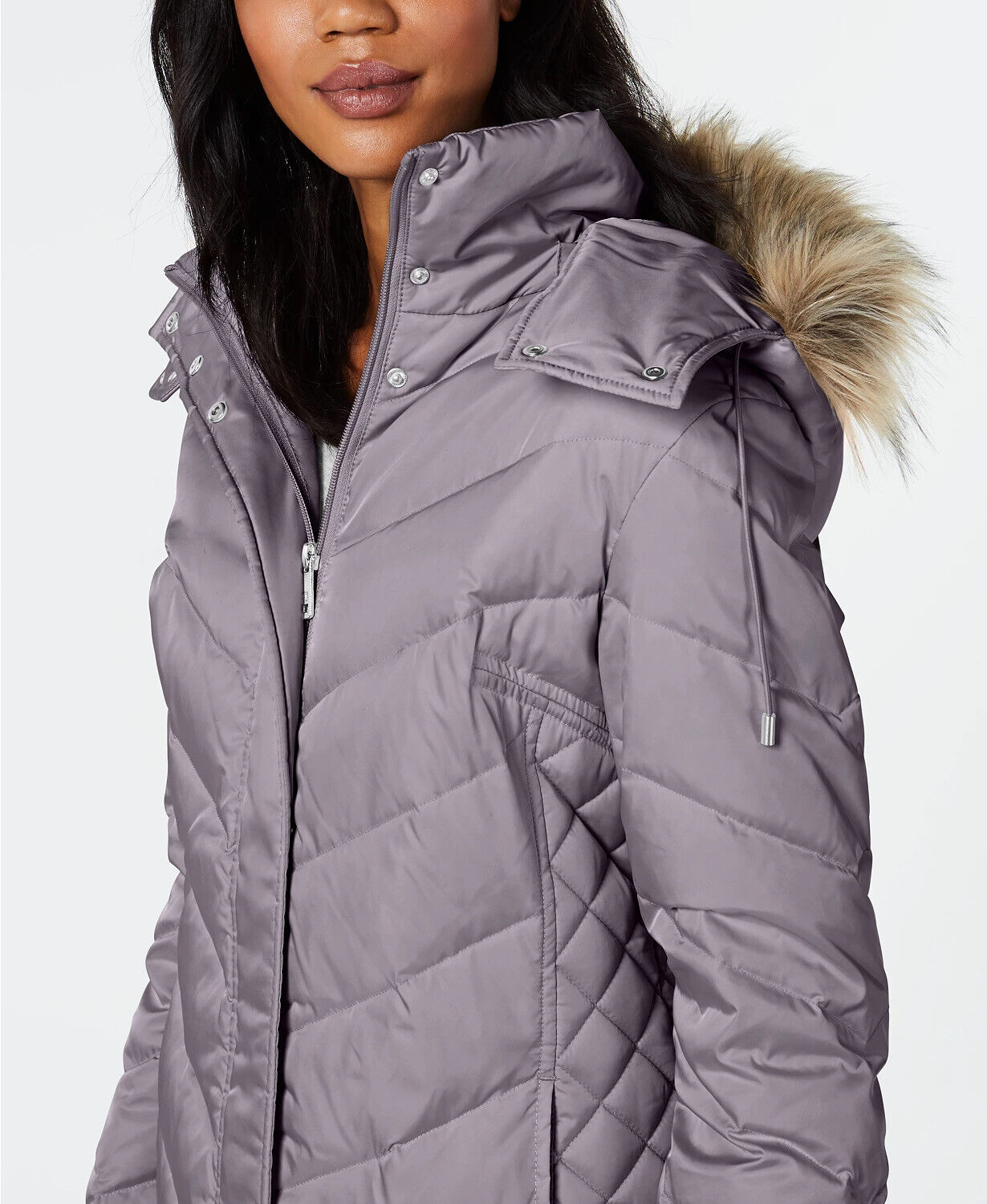 KENNETH COLE Faux-Fur Down Hooded Puffer Coat PS Petite Small Nickel Grey Womens