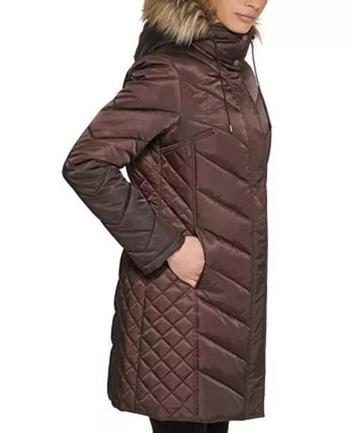 KENNETH COLE Women's Faux-Fur-Trim Hooded Puffer Coat Small Dark Roast Brown