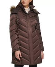 KENNETH COLE Women's Faux-Fur-Trim Hooded Puffer Coat XL Dark Roast Brown