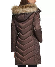 KENNETH COLE Women's Faux-Fur-Trim Hooded Puffer Coat XL Dark Roast Brown
