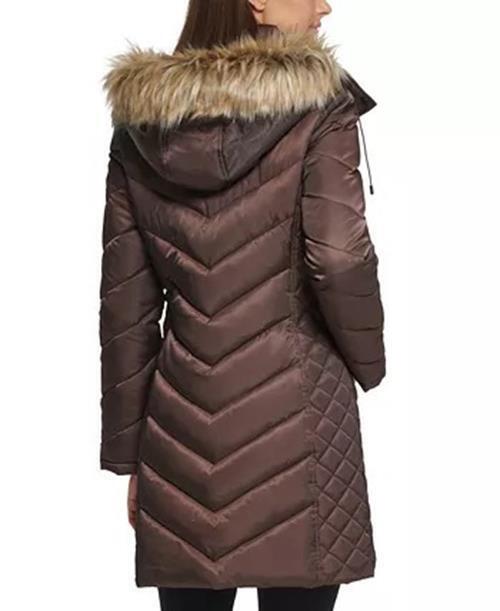 KENNETH COLE Women's Faux-Fur-Trim Hooded Puffer Coat XL Dark Roast Brown