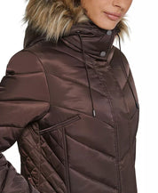 KENNETH COLE Women's Faux-Fur-Trim Hooded Puffer Coat XL Dark Roast Brown