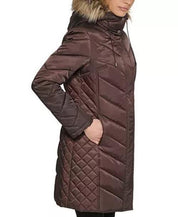 KENNETH COLE Women's Faux-Fur-Trim Hooded Puffer Coat XL Dark Roast Brown