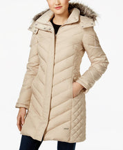 Kenneth Cole Womens Faux-Fur-Trim Hooded Puffer Coat Medium Beige Tan