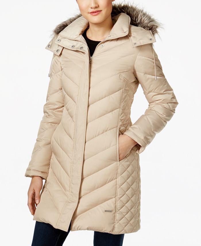 Kenneth Cole Womens Faux-Fur-Trim Hooded Puffer Coat Medium Beige Tan