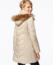 Kenneth Cole Womens Faux-Fur-Trim Hooded Puffer Coat Medium Beige Tan