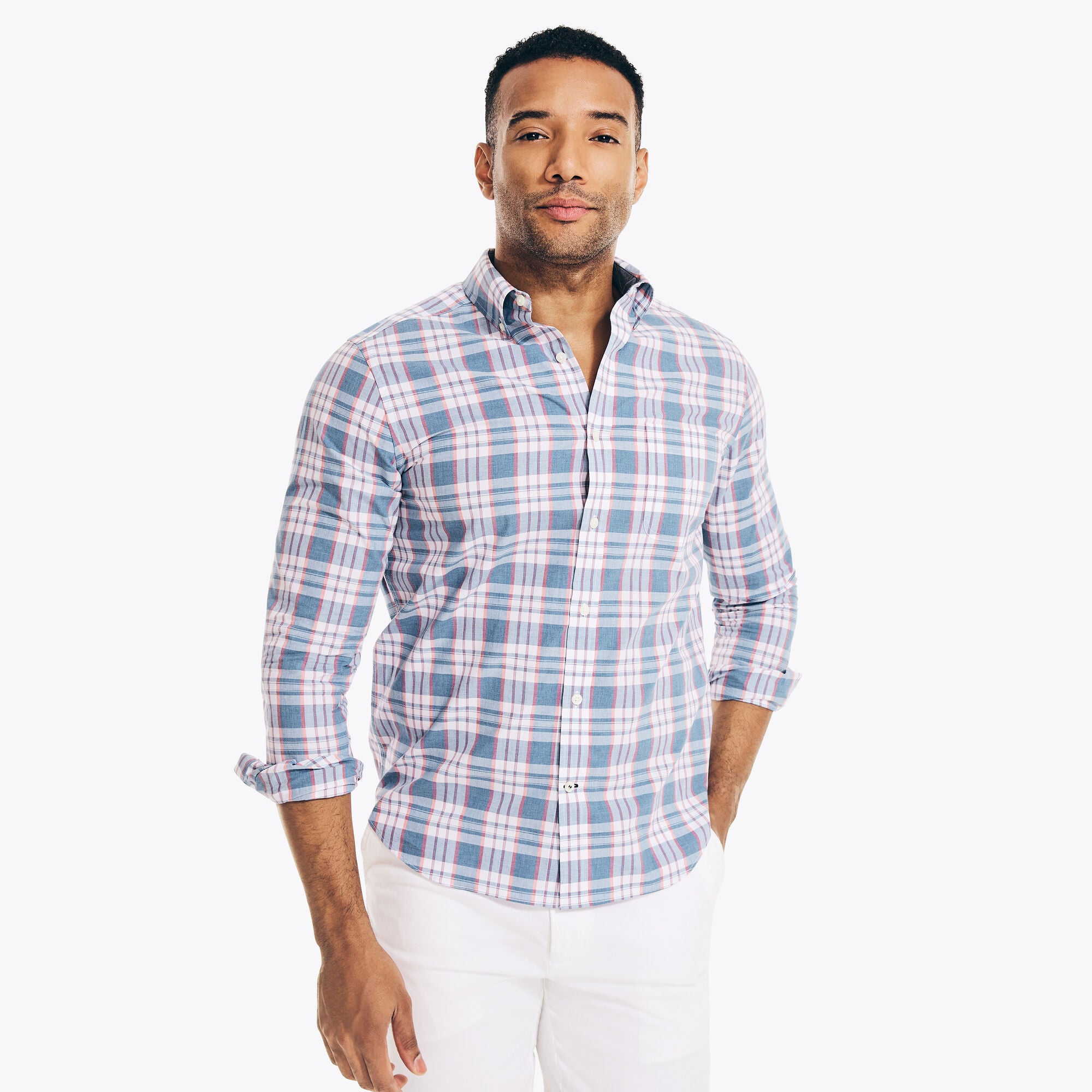 Nautica Mens Classic Fit Button Down Shirt Blue Plaid Medium