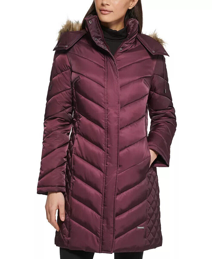 KENNETH COLE Women's Faux-Fur-Trim Hooded Puffer Coat Medium Magenta Purple