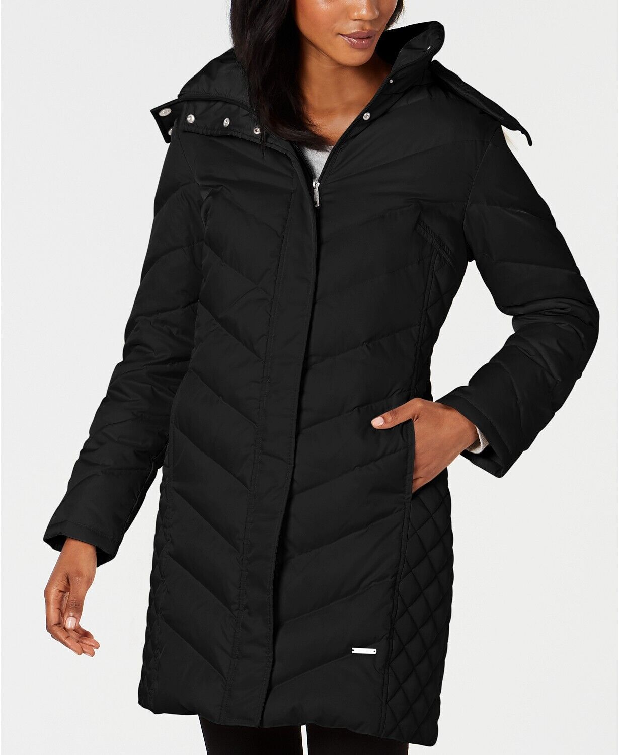 Kenneth Cole Womens Petite XS Faux-Fur-Trim Down Hooded Puffer Coat PXS Black