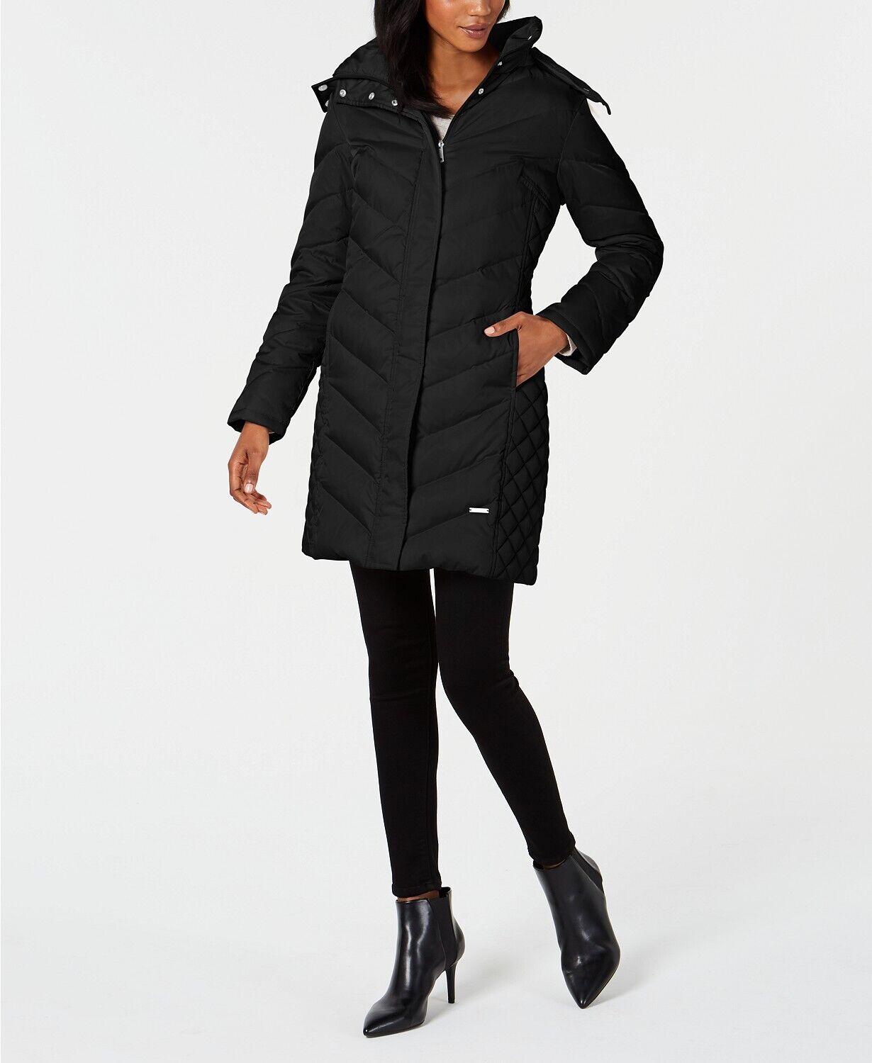Kenneth Cole Womens Petite XS Faux-Fur-Trim Down Hooded Puffer Coat PXS Black