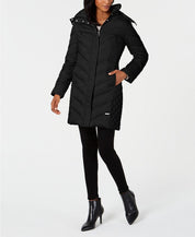Kenneth Cole Womens Petite XS Faux-Fur-Trim Down Hooded Puffer Coat PXS Black