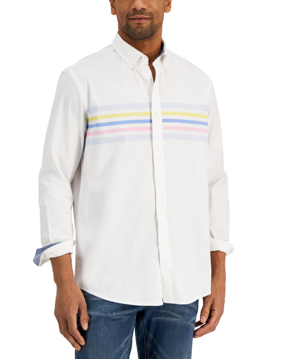 Club Room Men's Regular Fit Long Sleeve Button Down Shirt Stripe White Combo XL