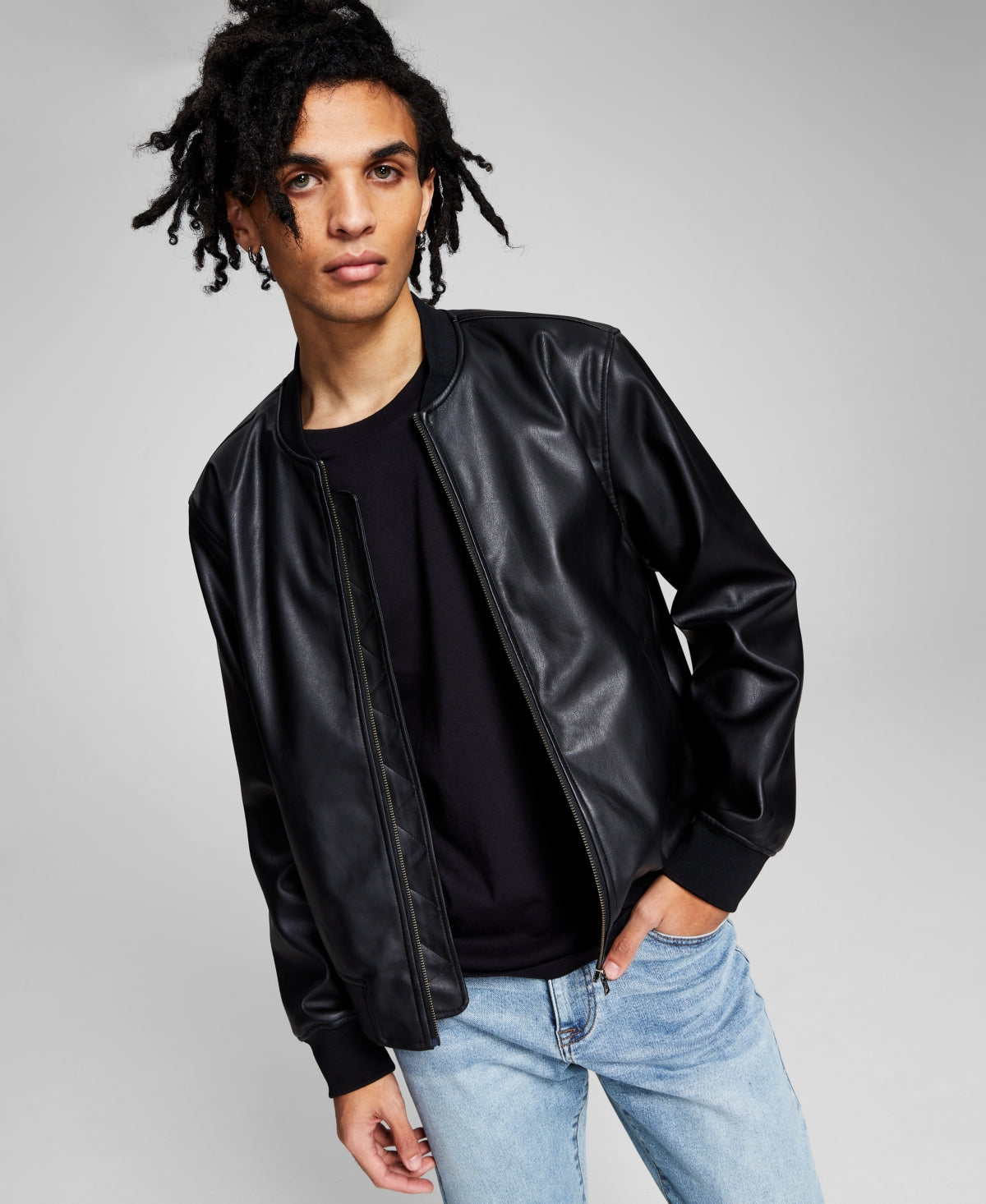 And Now This Mens Faux Leather Bomber Jack Black  Medium