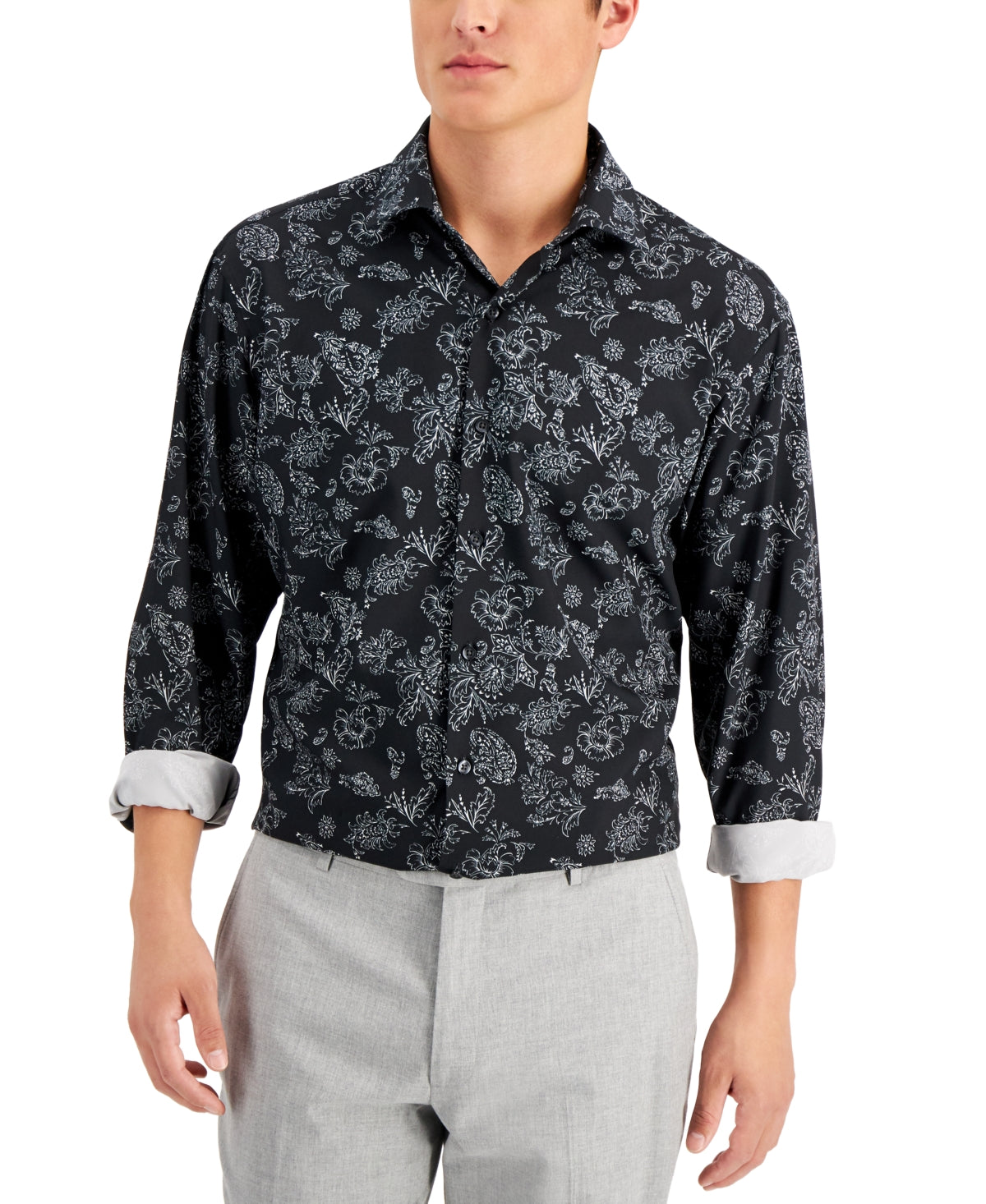 Alfani Mens Toletto Floral Button Down Dress Shirt Black White 17 17.5 36 37