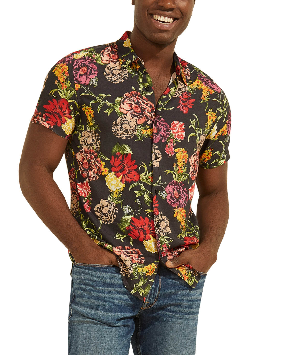 GUESS Mens Electric Floral Print Button Down Shirt Black XL