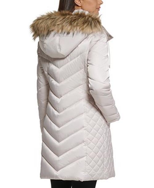 Kenneth Cole Womens Faux-Fur-Trim Hooded Puffer Coat Medium Birch Light Tan