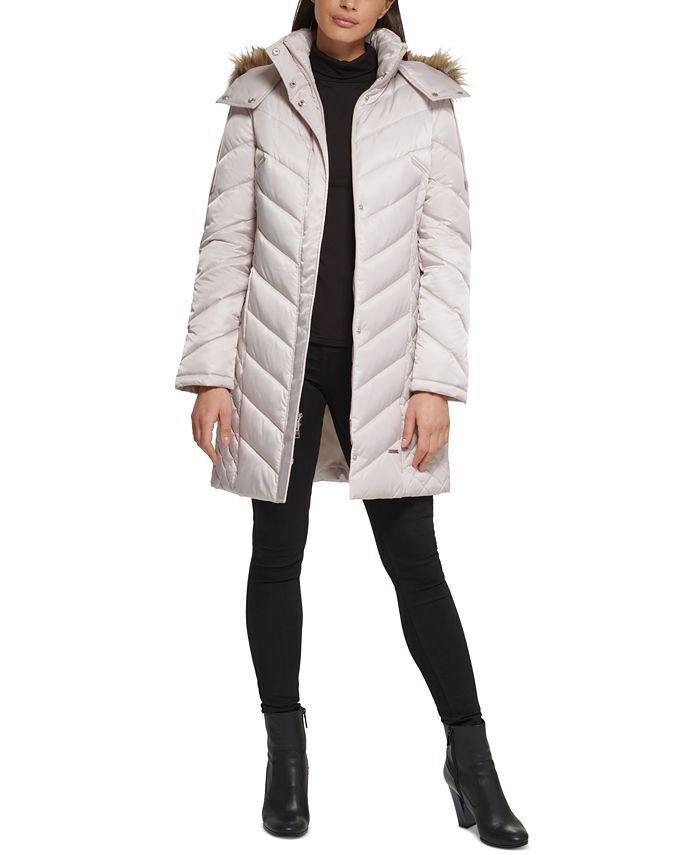 Kenneth Cole Womens Faux-Fur-Trim Hooded Puffer Coat Medium Birch Light Tan