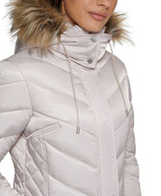 Kenneth Cole Womens Faux-Fur-Trim Hooded Puffer Coat Medium Birch Light Tan