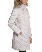 Kenneth Cole Womens Faux-Fur-Trim Hooded Puffer Coat Medium Birch Light Tan