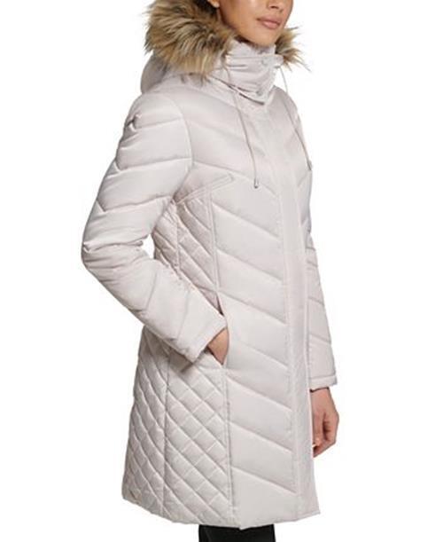 Kenneth Cole Womens Faux-Fur-Trim Hooded Puffer Coat Medium Birch Light Tan