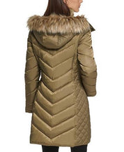 KENNETH COLE Women's Faux-Fur-Trim Hooded Puffer Coat Large Olive Green