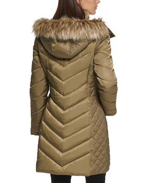 KENNETH COLE Women's Faux-Fur-Trim Hooded Puffer Coat Large Olive Green