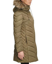 KENNETH COLE Women's Faux-Fur-Trim Hooded Puffer Coat Large Olive Green