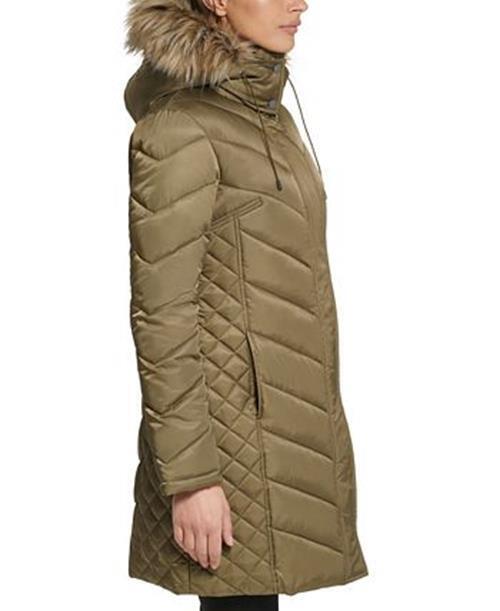KENNETH COLE Women's Faux-Fur-Trim Hooded Puffer Coat Large Olive Green