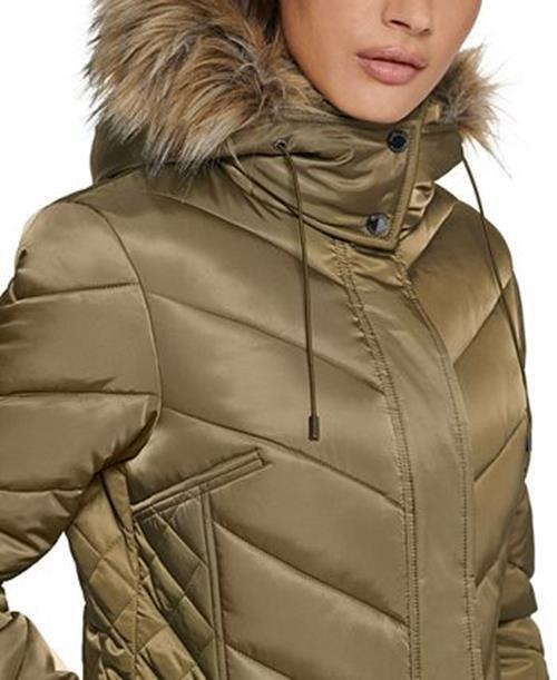 KENNETH COLE Women's Faux-Fur-Trim Hooded Puffer Coat Large Olive Green