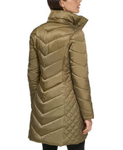 KENNETH COLE Women's Faux-Fur-Trim Hooded Puffer Coat Large Olive Green