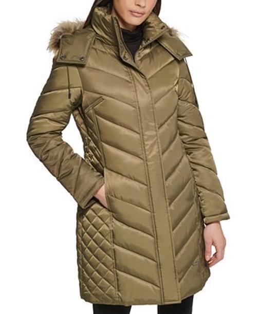 KENNETH COLE Women's Faux-Fur-Trim Hooded Puffer Coat Large Olive Green