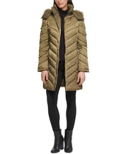 KENNETH COLE Women's Faux-Fur-Trim Hooded Puffer Coat Large Olive Green