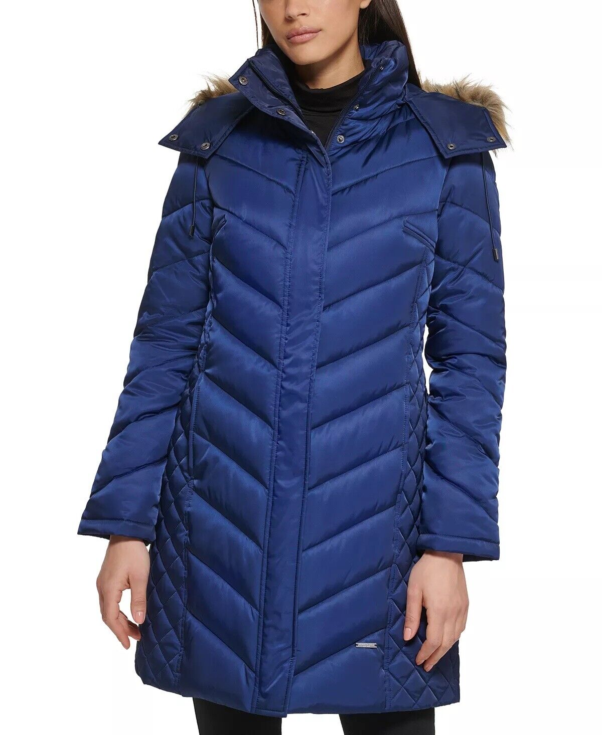 Kenneth Cole Women's Faux-Fur-Trim Hooded Puffer Coat Navy Blue Medium