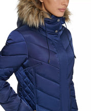 Kenneth Cole Women's Faux-Fur-Trim Hooded Puffer Coat Navy Blue Medium