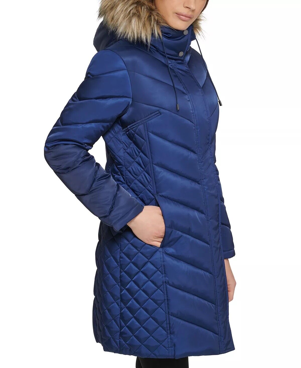Kenneth Cole Women's Faux-Fur-Trim Hooded Puffer Coat Navy Blue Medium
