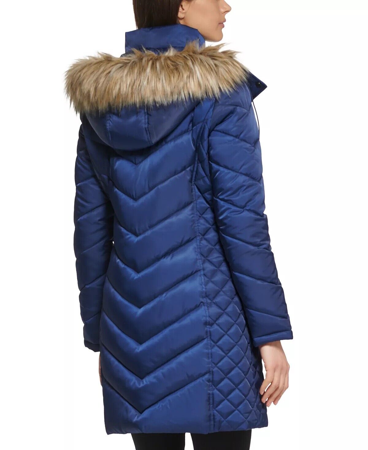 Kenneth Cole Women's Faux-Fur-Trim Hooded Puffer Coat Navy Blue Medium