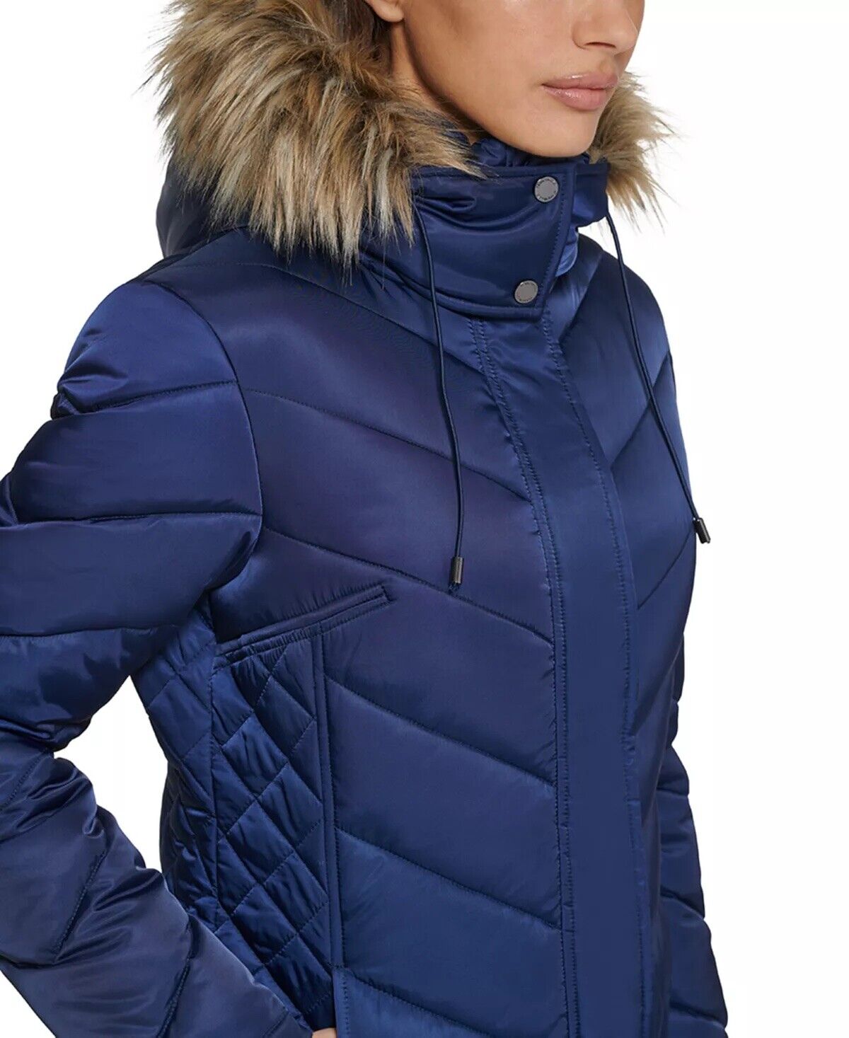 Kenneth Cole Women's Faux-Fur-Trim Hooded Puffer Coat Navy Blue XXL