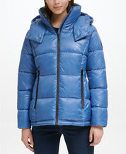 Kenneth Cole Women's Shine Hooded Puffer Coat Medium Blue