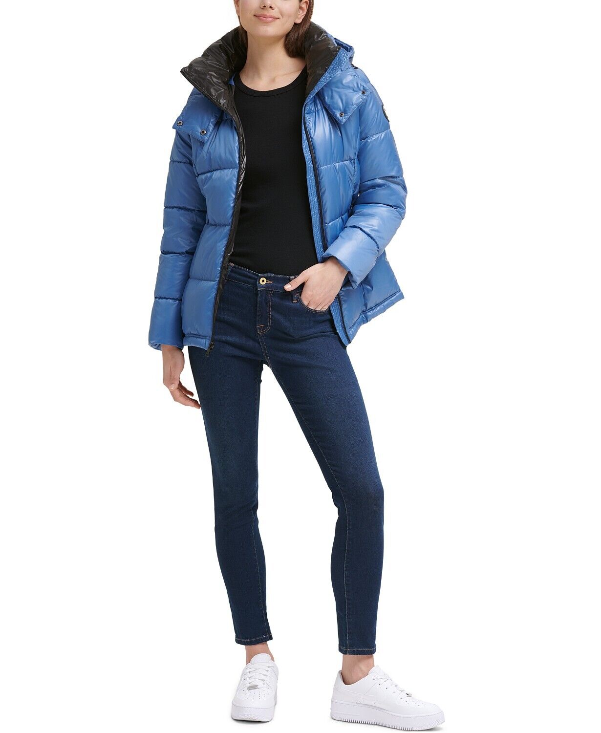 Kenneth Cole Women's Shine Hooded Puffer Coat Medium Blue