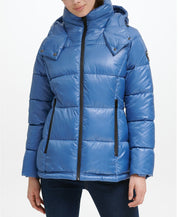 Kenneth Cole Women's Shine Hooded Puffer Coat Medium Blue