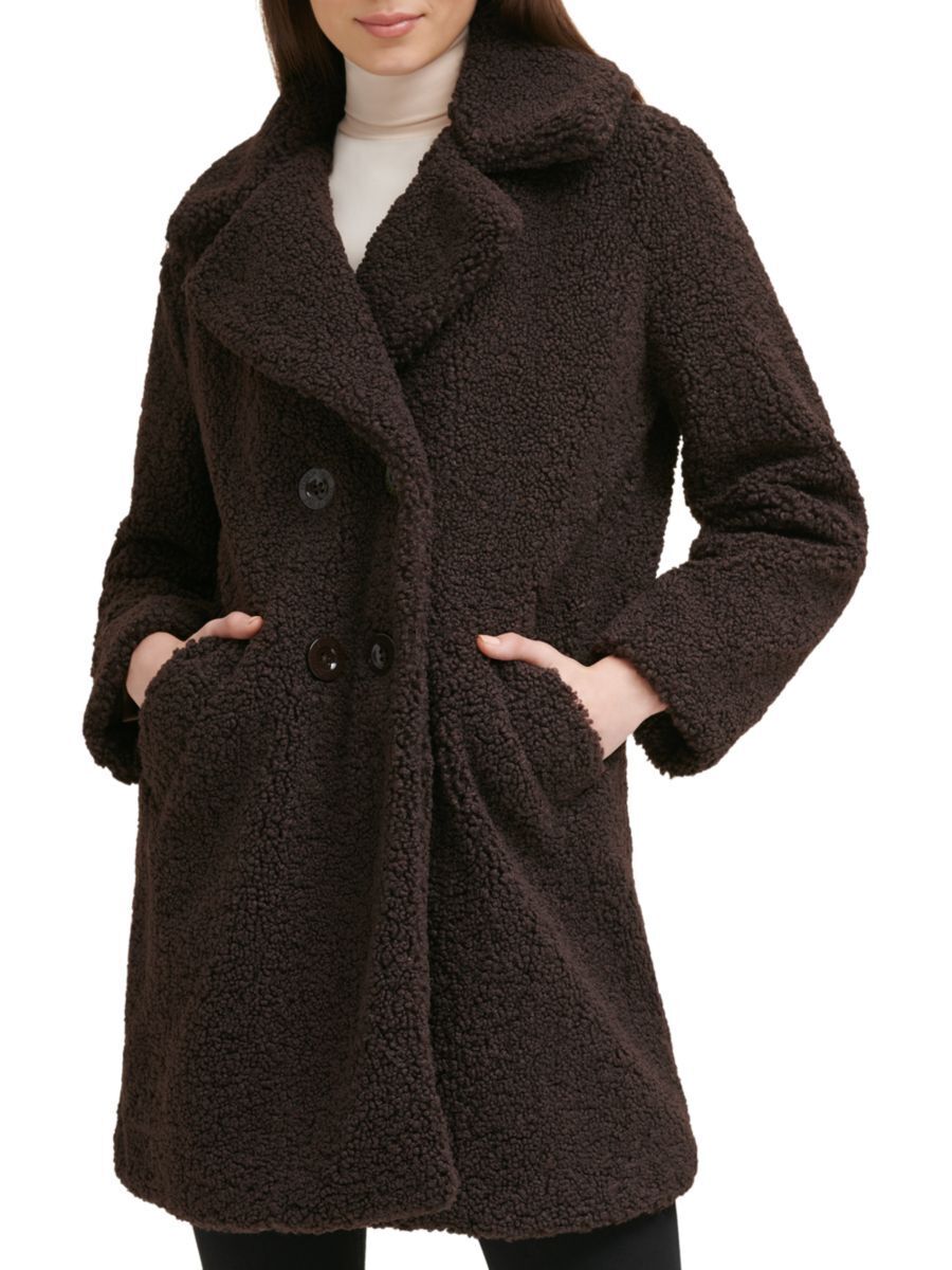 KENNETH COLE Double-Breasted Faux-Fur Teddy Coat Chocolate Brown Medium